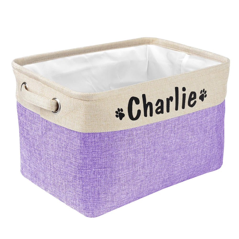 Personalized Linen Pet Toy Storage Basket in Coffee Gray Purple