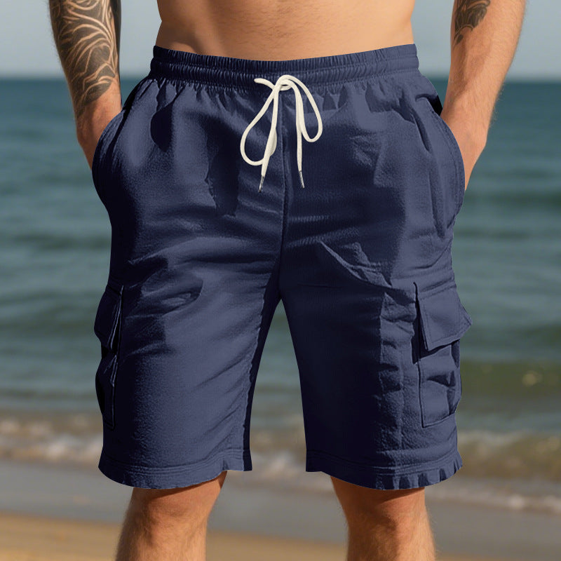 Cross-Border European and American Men's Beach Skin-Friendly Breathable Linen Loose Workwear Multi-Pocket Squat Jogging Casual Shorts for Men
