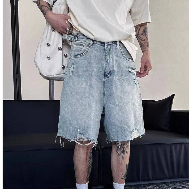American Retro Ripped Denim Shorts for Men, Summer High Street Cool Street Fashion Brand Loose Casual Five-Point Pants for Men