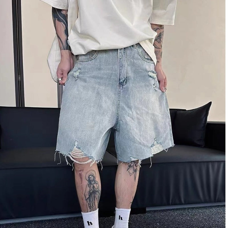 American Retro Ripped Denim Shorts for Men, Summer High Street Cool Street Fashion Brand Loose Casual Five-Point Pants for Men