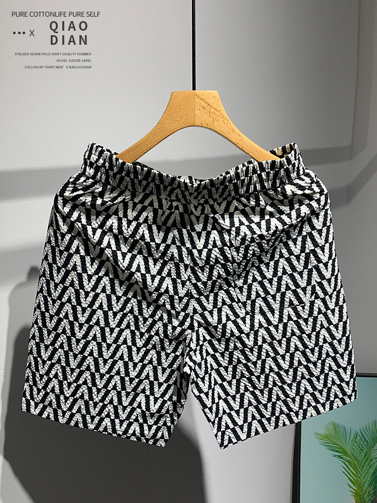 Vintage Versatile Fashion Patchwork Print Design Loose Pants Summer Personality Trendy Casual Shorts Men