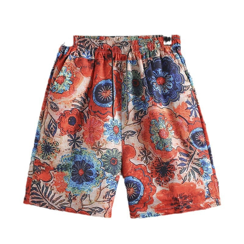 Hawaiian Casual Shorts Men's Hong Kong Style Large Size Floral Pants Summer Beach Vacation Versatile Trendy Couple's Shorts