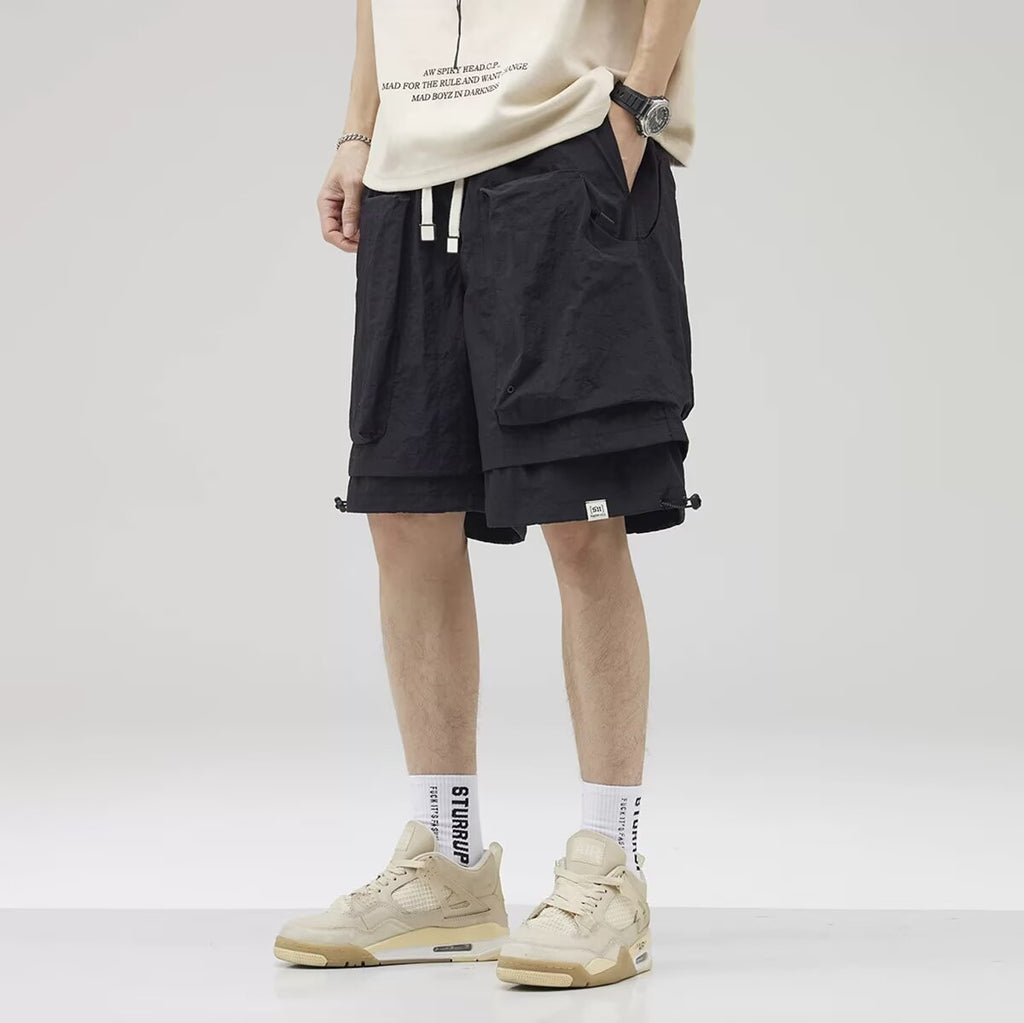 Summer New Ice-Feel Quick-Dry Cargo Shorts for Men, Trendy Brand, Large Pockets, Loose Wide-Leg Knee-Length Shorts, Plus Size
