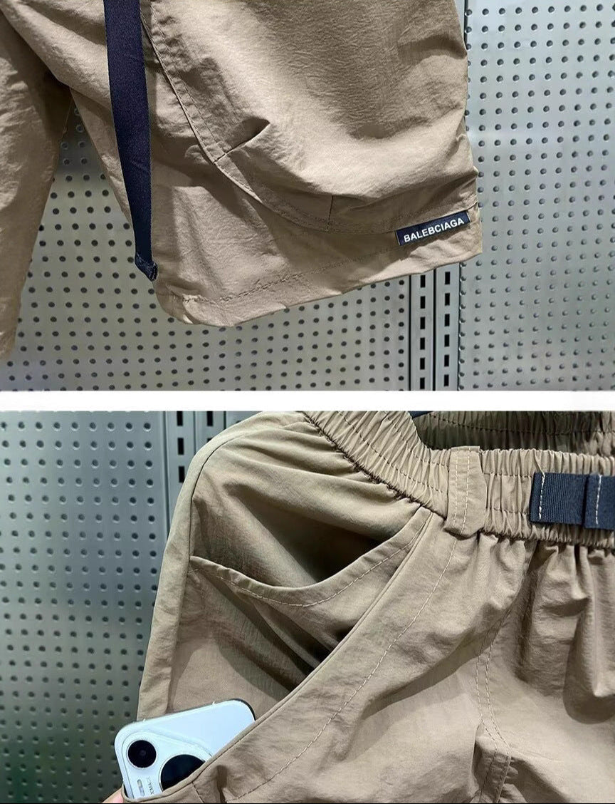 Casual Shorts Men's Summer Thin Cargo Pants Loose Straight Mid-Pants Khaki Functional Buckle Quick-Drying Shorts Men