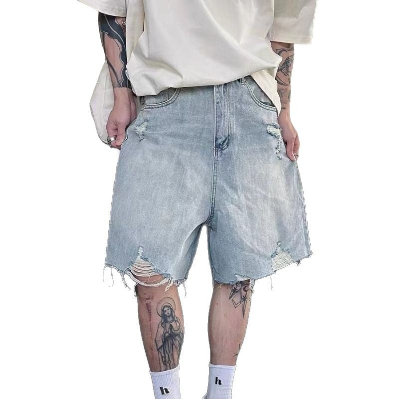 American Retro Ripped Denim Shorts for Men, Summer High Street Cool Street Fashion Brand Loose Casual Five-Point Pants for Men