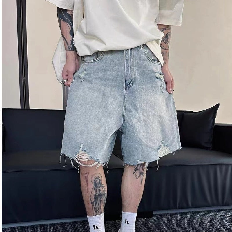 American Retro Ripped Denim Shorts for Men, Summer High Street Cool Street Fashion Brand Loose Casual Five-Point Pants for Men