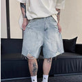 American Retro Ripped Denim Shorts for Men, Summer High Street Cool Street Fashion Brand Loose Casual Five-Point Pants for Men
