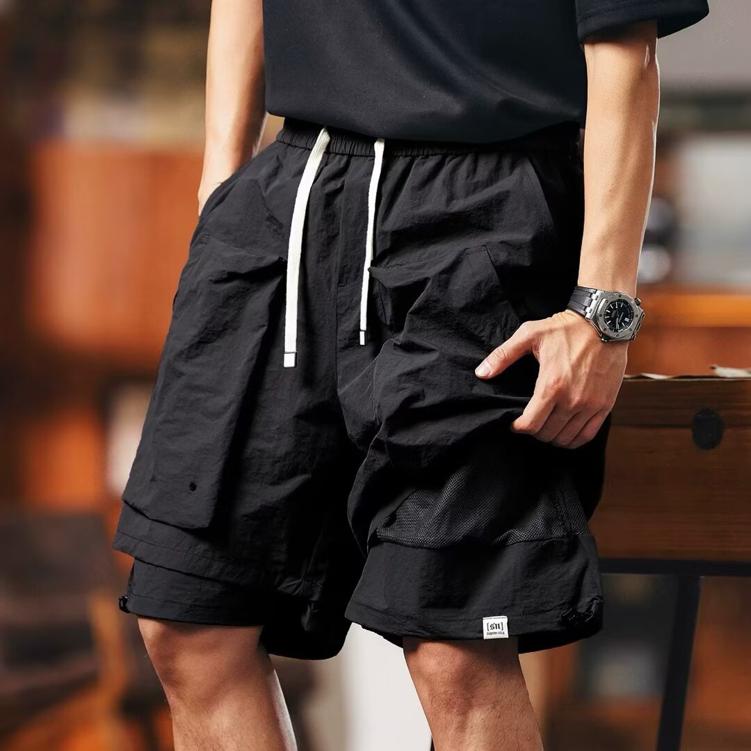 Summer New Ice-Feel Quick-Dry Cargo Shorts for Men, Trendy Brand, Large Pockets, Loose Wide-Leg Knee-Length Shorts, Plus Size