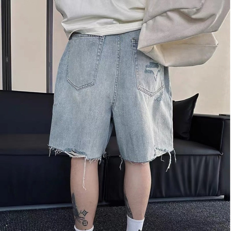 American Retro Ripped Denim Shorts for Men, Summer High Street Cool Street Fashion Brand Loose Casual Five-Point Pants for Men