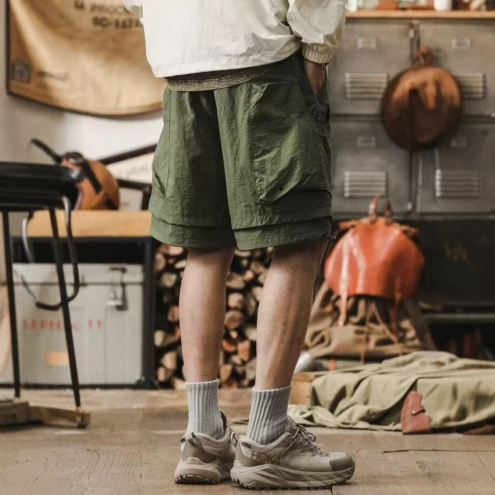 Summer New Ice-Feel Quick-Dry Cargo Shorts for Men, Trendy Brand, Large Pockets, Loose Wide-Leg Knee-Length Shorts, Plus Size