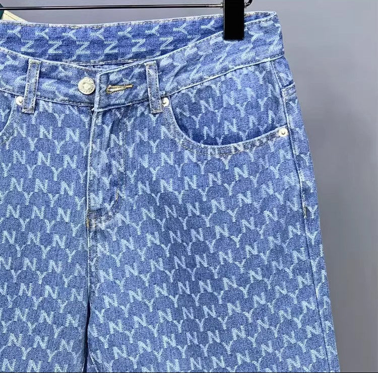 Men's Denim Shorts 2025 New Summer Thin Slim Fit American Style Five-Point Shorts Trendy Printed Pants