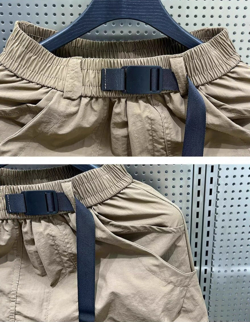 Casual Shorts Men's Summer Thin Cargo Pants Loose Straight Mid-Pants Khaki Functional Buckle Quick-Drying Shorts Men