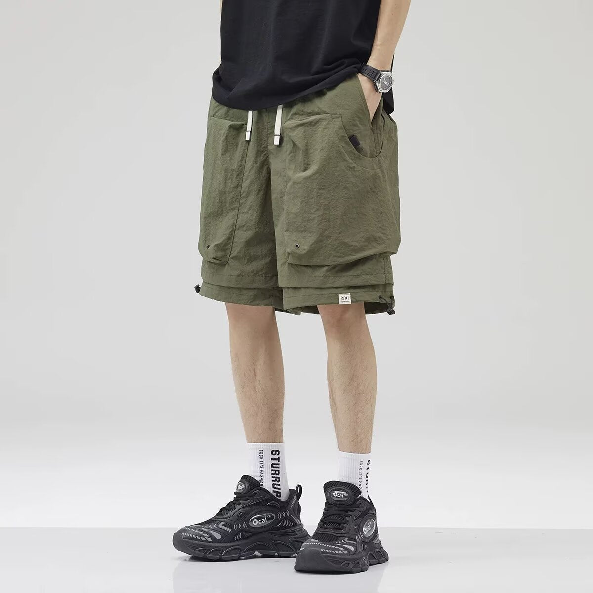 Summer New Ice-Feel Quick-Dry Cargo Shorts for Men, Trendy Brand, Large Pockets, Loose Wide-Leg Knee-Length Shorts, Plus Size