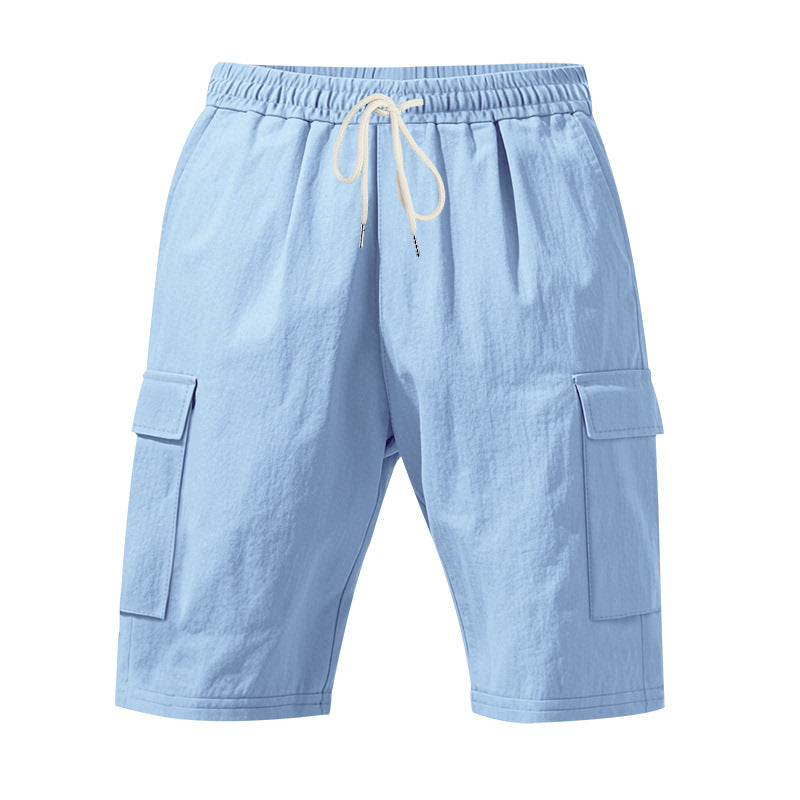Cross-Border European and American Men's Beach Skin-Friendly Breathable Linen Loose Workwear Multi-Pocket Squat Jogging Casual Shorts for Men