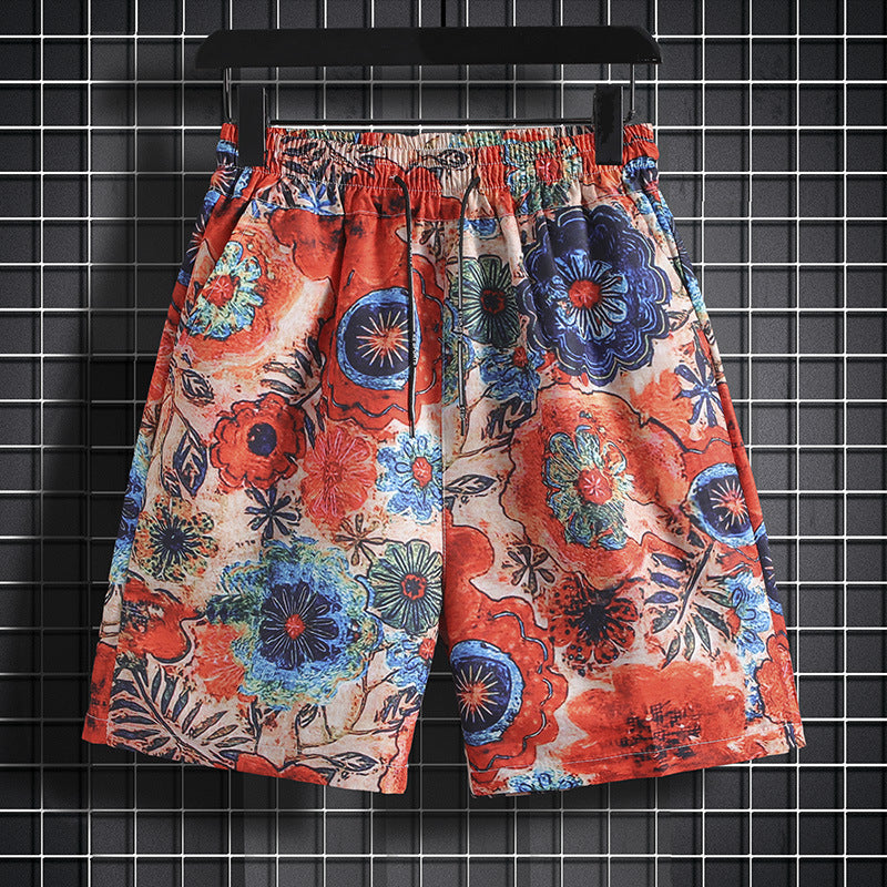 Retro Floral Shorts for Men and Women, Summer Thai-Style Loose Beach Shorts, Quick-Dry Hawaiian Beach Vacation Seaside Knee-Length Shorts