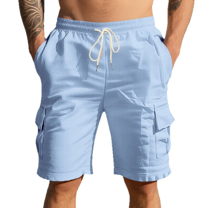 Cross-Border European and American Men's Beach Skin-Friendly Breathable Linen Loose Workwear Multi-Pocket Squat Jogging Casual Shorts for Men
