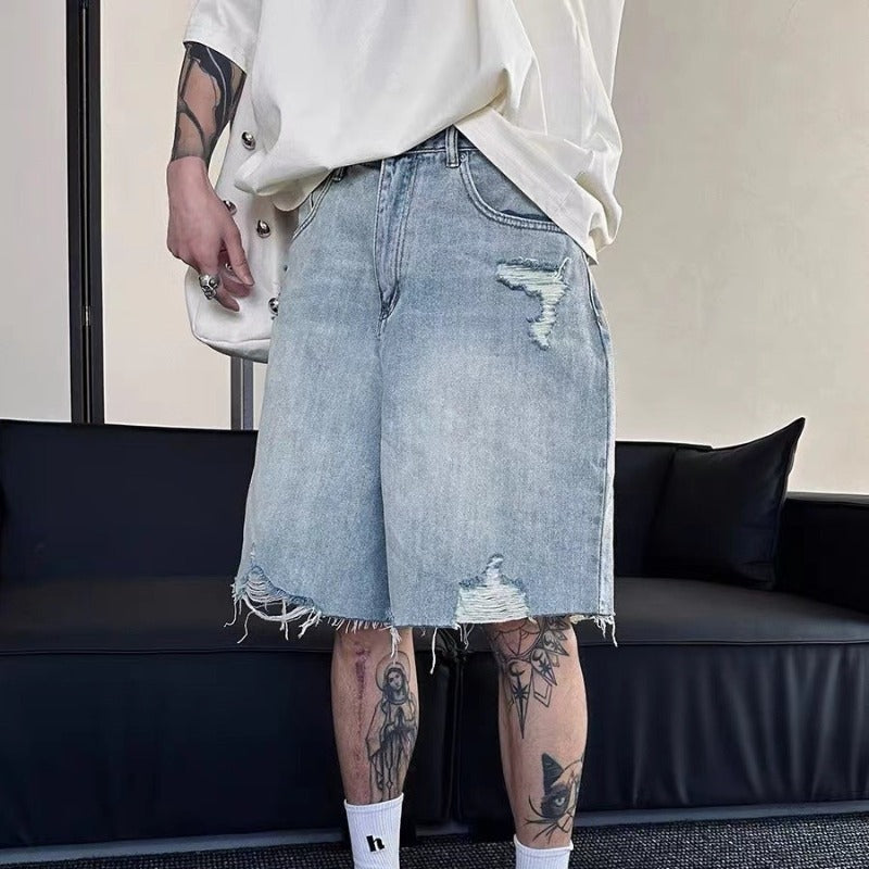 American Retro Ripped Denim Shorts for Men, Summer High Street Cool Street Fashion Brand Loose Casual Five-Point Pants for Men