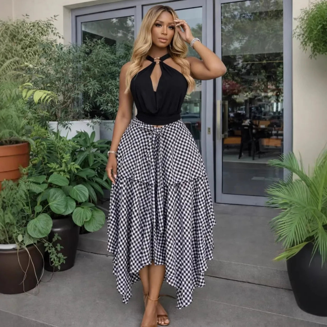 A-Line Mid Length Skirt for Women in Polyester Casual Style