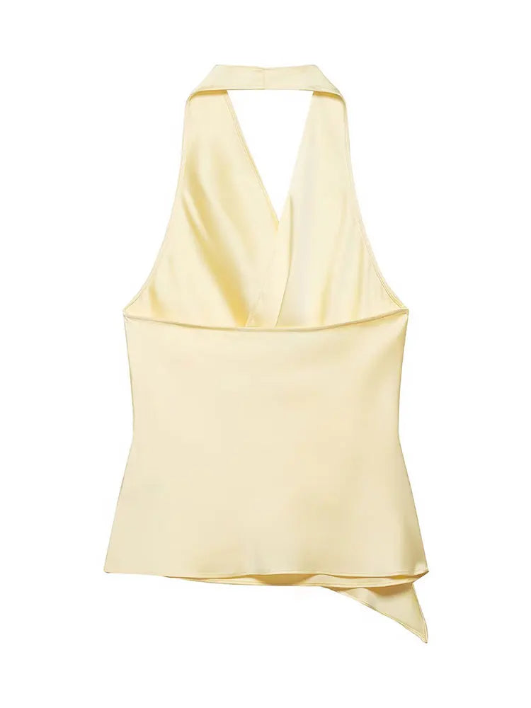 HH Women Elegant Satin Halter Neck Top With Draped Cowl Neck Asymmetric Hem Blouse for Woman Summer Casual Party Yellow Tops