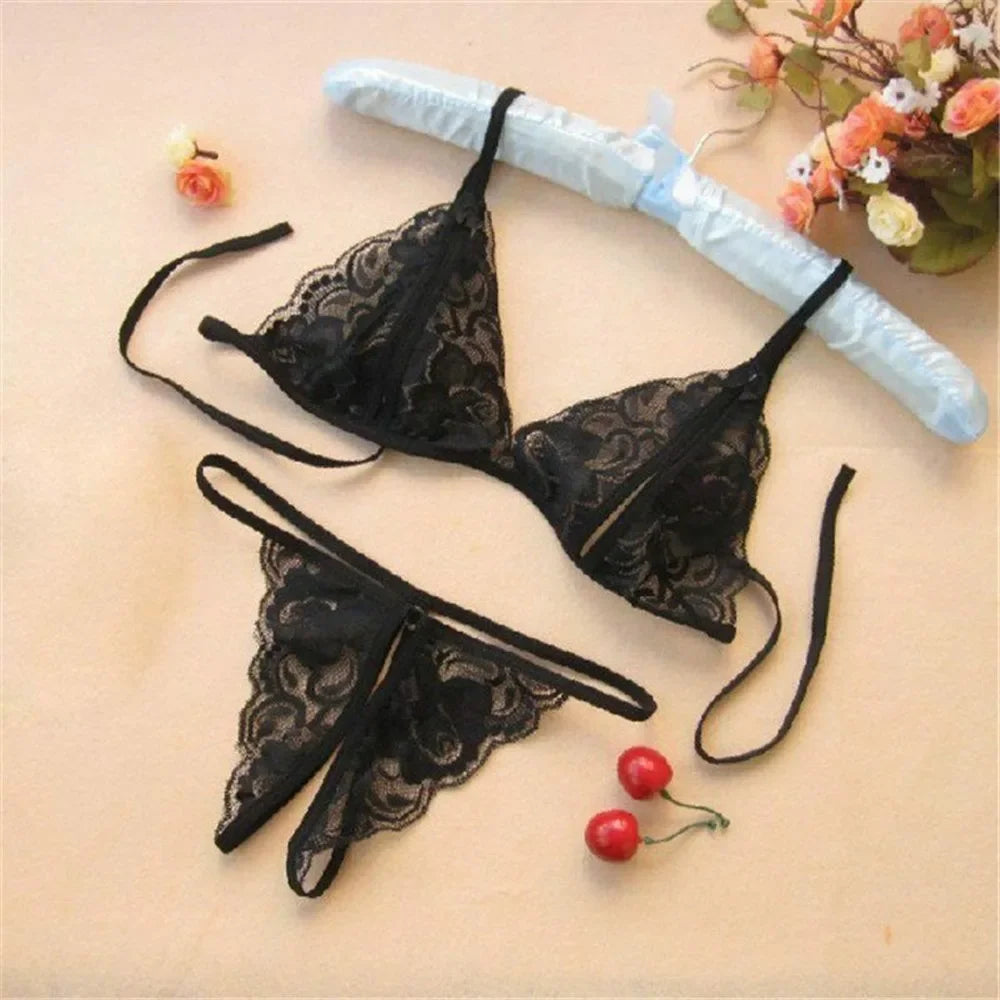 Lace Up Bra and Open Crotch G-String Set for Women