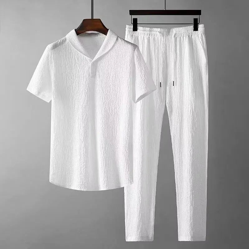 Men's Casual Summer Sports Suit with V-Neck T-Shirt and Jogger Pants