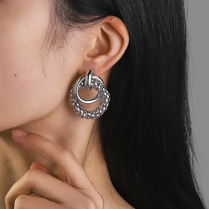 Trendy Women Drop Earrings Big Shiny Round Metal Design