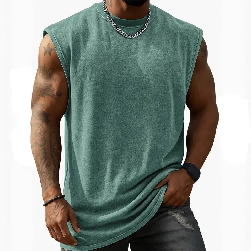 Men Vintage Washed Solid Crew Neck Sleeveless Tank Top Loose Fit Heavy Cotton Casual Fitness Summer Vest