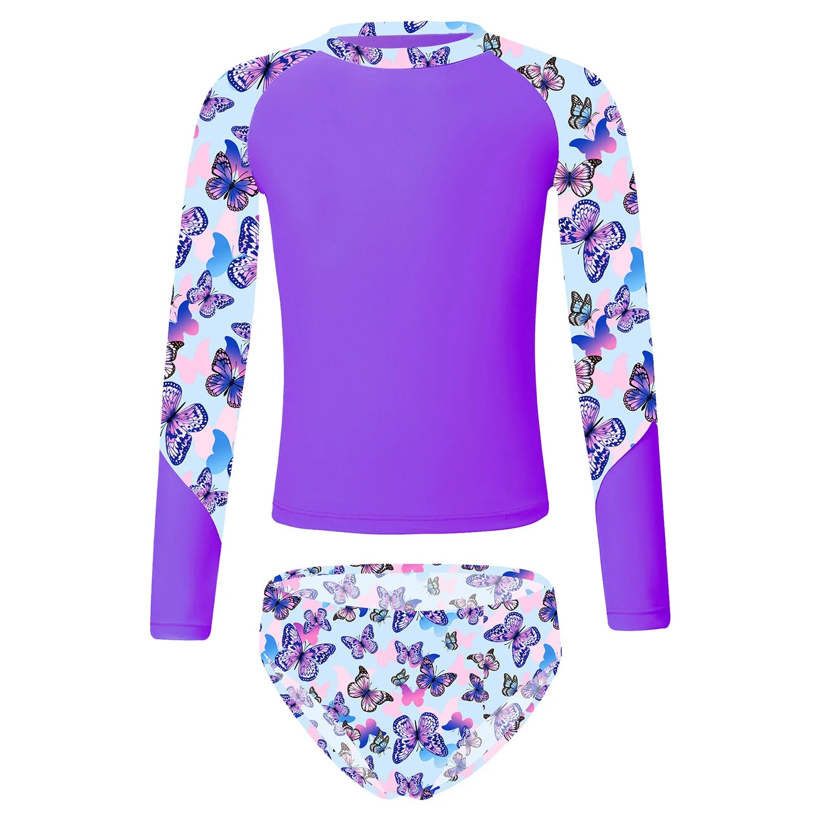 Kids Girls Long Sleeve Print Swimwear with Briefs for Beach