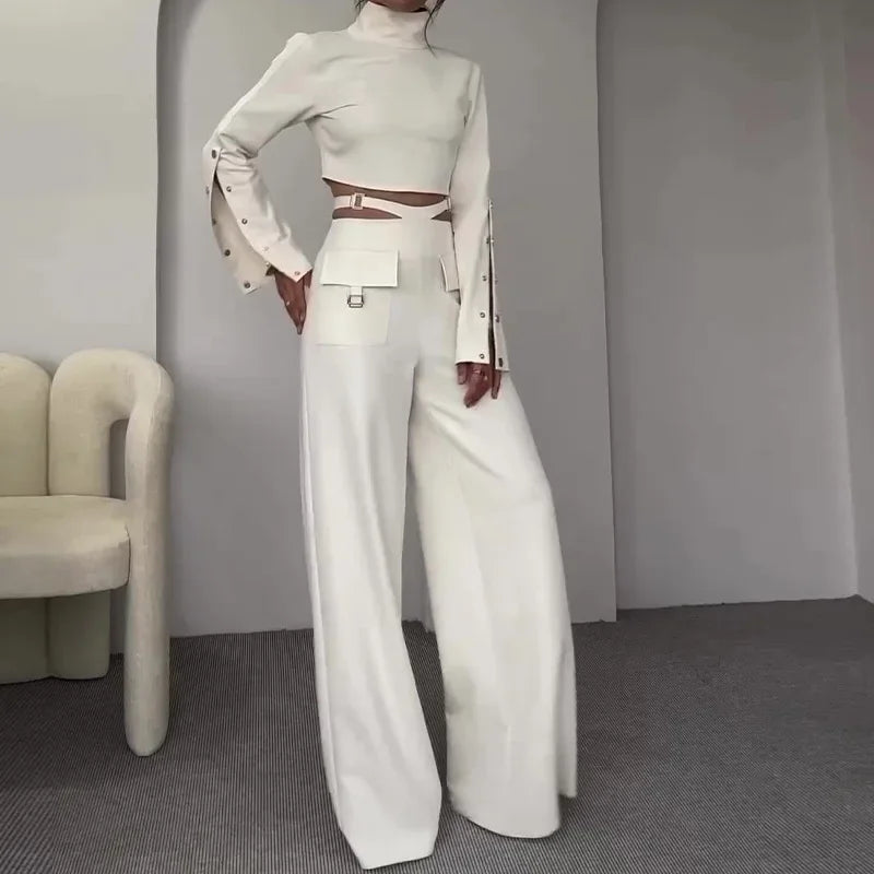 Elegant Women Turtleneck Pant Set with Wide Leg Pants