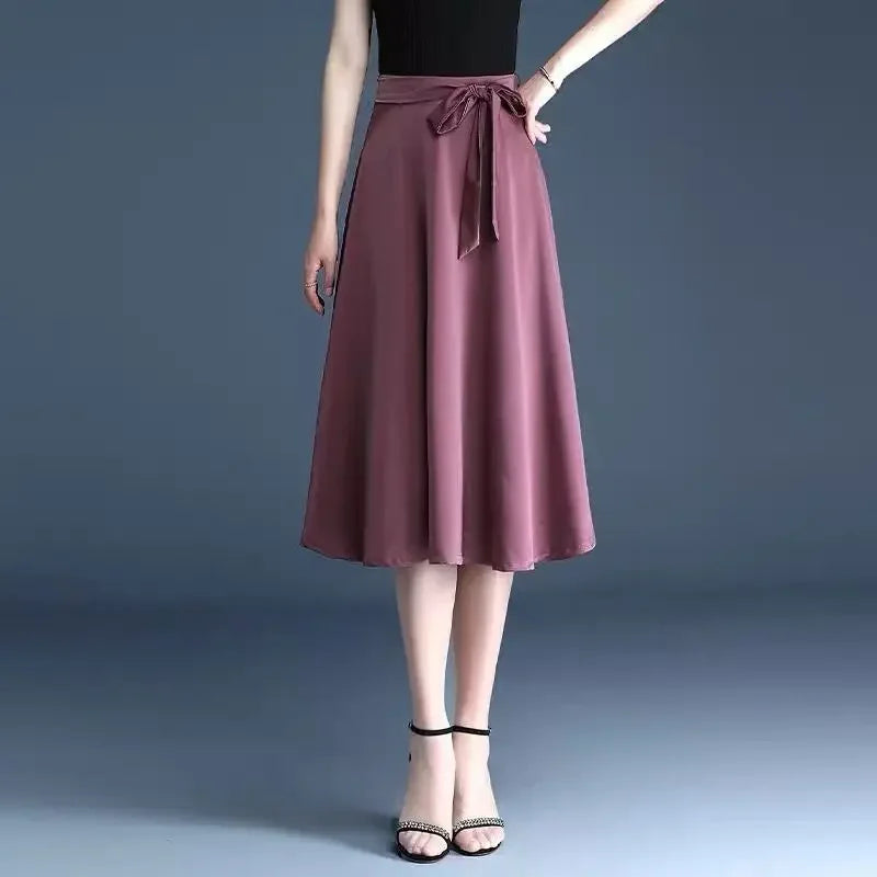 Cotton Blend A-Line Midi Skirt for Women with Lace-Up Detail