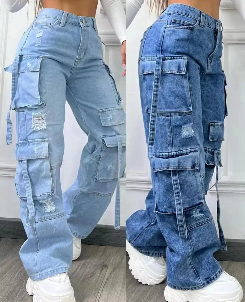 Ladies High Waist Denim Cargo Pants in Solid Color