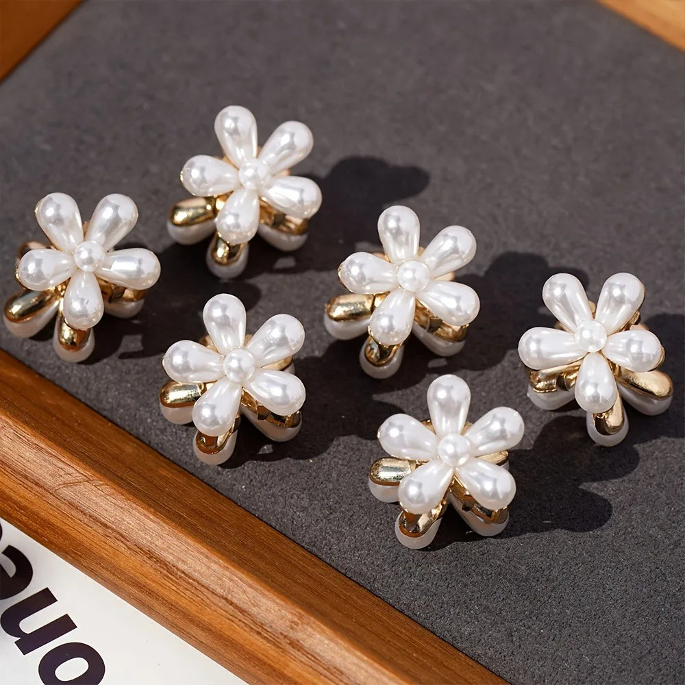 Flower Shaped Hair Grab Clips for Girls - Faux Pearl Alloy Barrettes