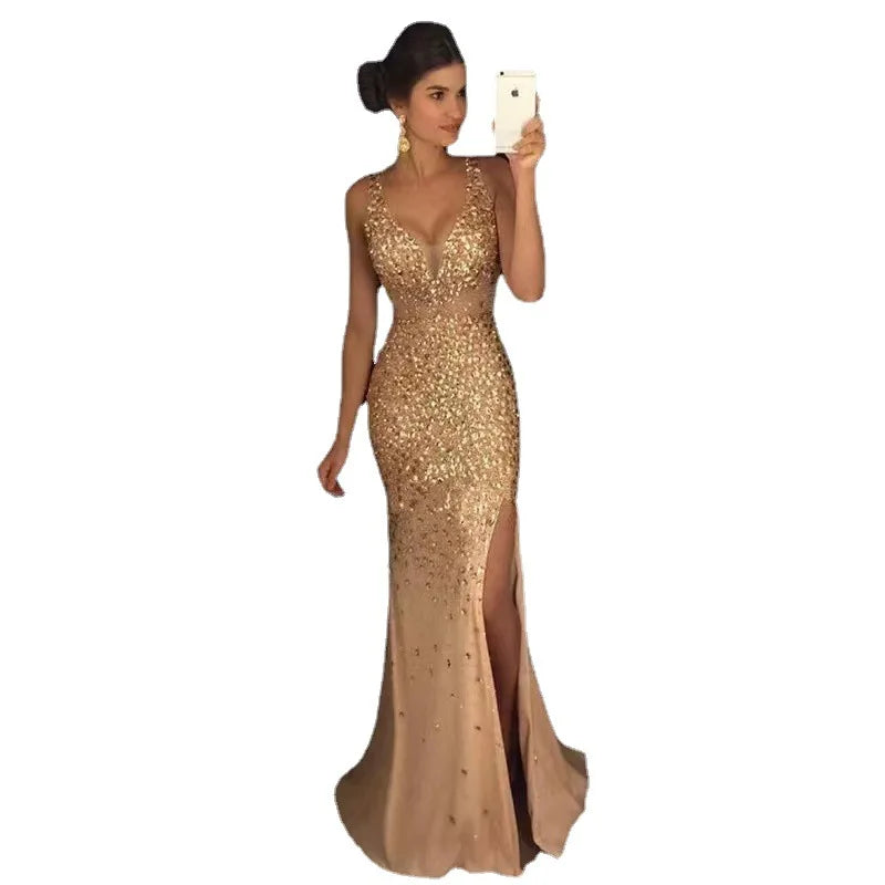 Women's Ankle-Length Slit Bronzing Dress with V-Neckline