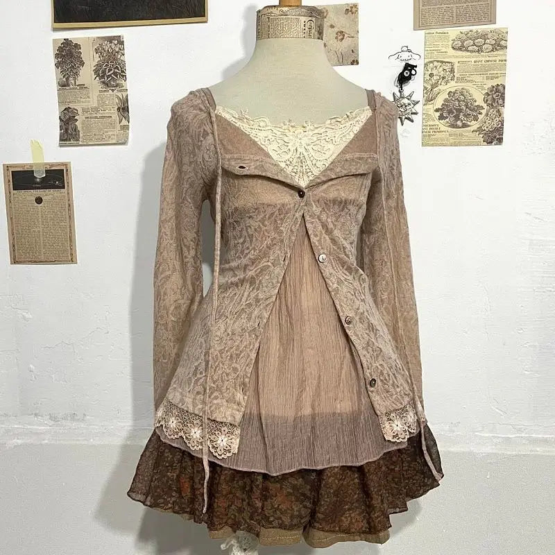 Y2K Vintage Two Piece Dress with Lace Cardigan for Juniors