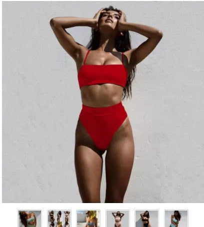 Solid Color High Waist Women's Bikini Set by HKOW