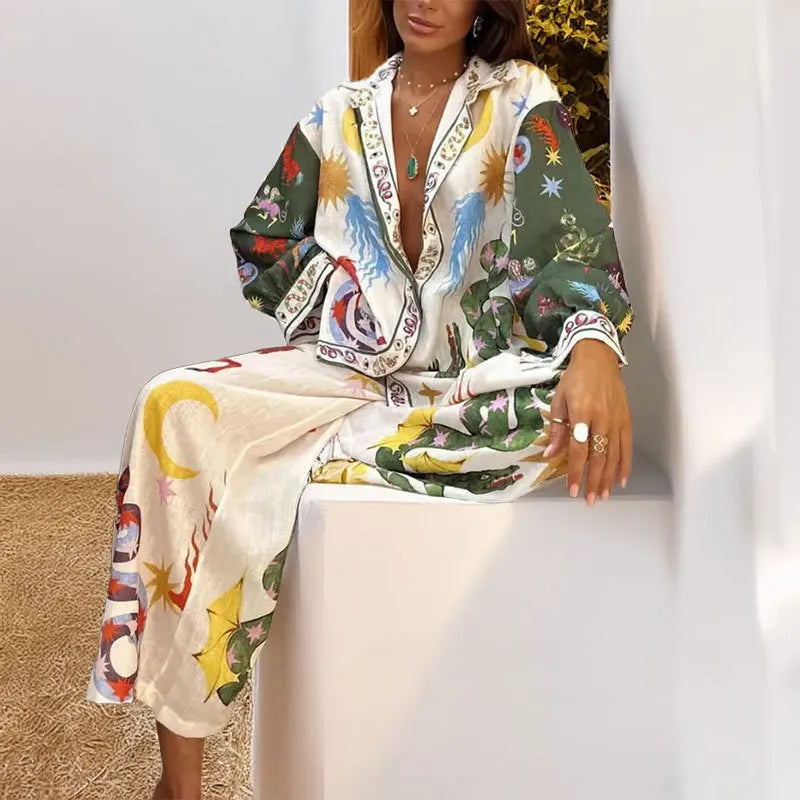 Floral Print Women Suit Set with Loose Blouse and Pants