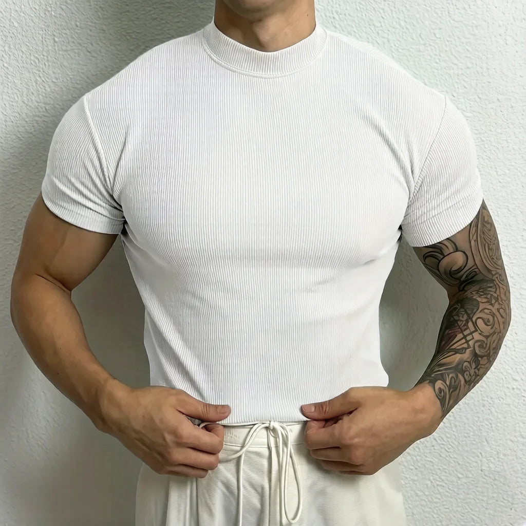 Man Fashion Tops Men's T-shirt Small High Collar Stripe Shirt Casual T-shirt Short Sleeve Fitness T shirt Men Sport Clothing