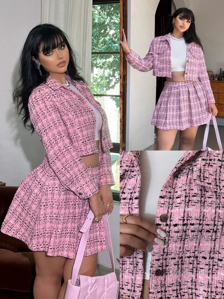 Plus-Size Women's Tweed Blazer and Mini Skirt Set