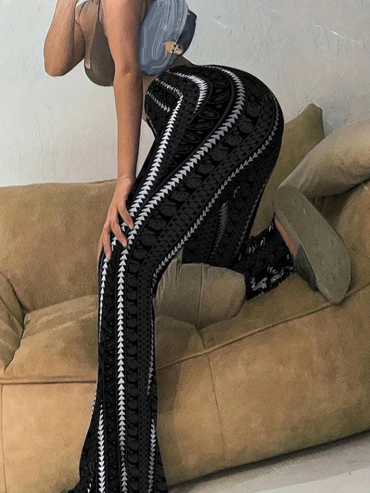 Flared Leggings for Women in Striped Print Casual Style