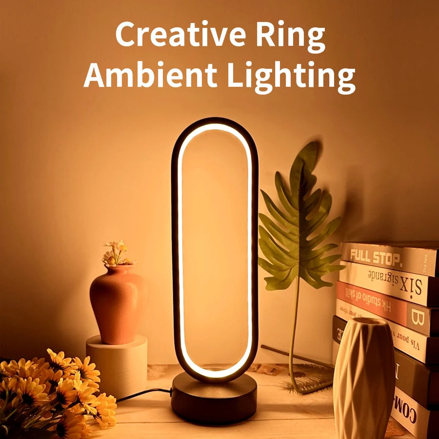 Dimmable LED Ring Table Lamp in Black for Bedroom and Living Room