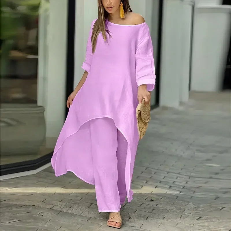 Plus Size Women's Indie Folk Asymmetrical Dress and Pants Set