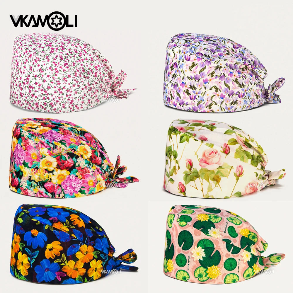 Adjustable Cotton Flower Print Scrub Caps for Women and Men
