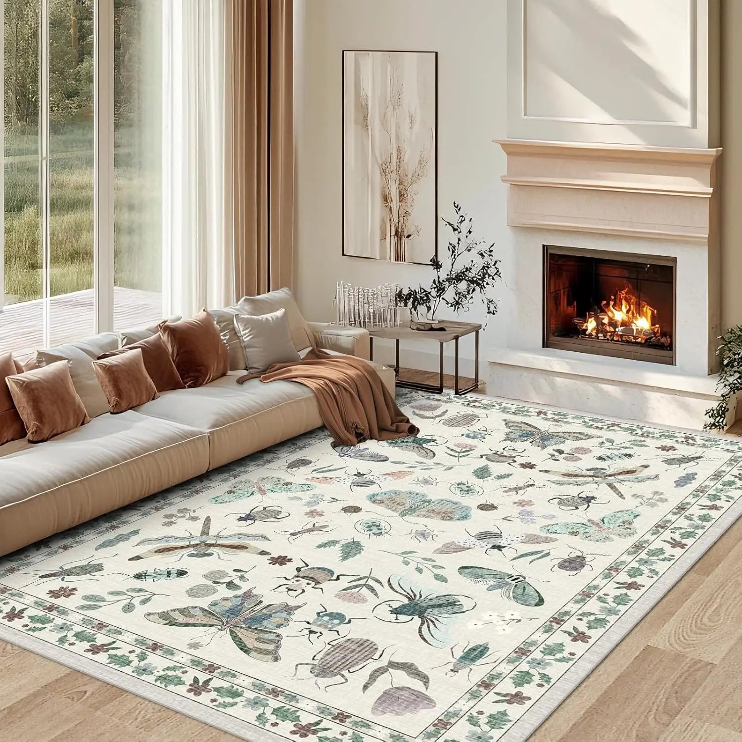 Washable Floral Pattern Living Room Rug Customizable Floor Mat