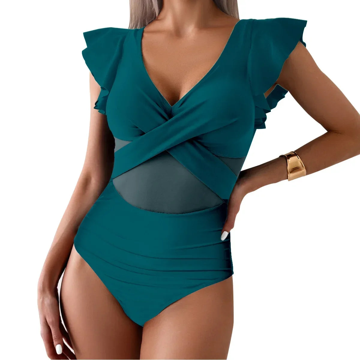 V Neck Tummy Control Women's Bikini Swimsuit with Ruffles