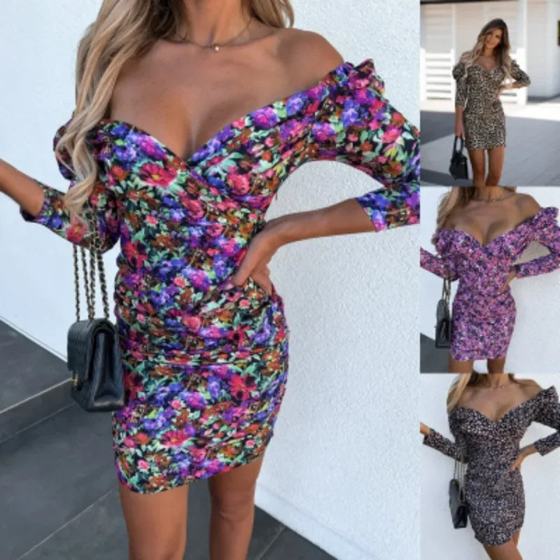 Knee-Length Women's Casual V-Neck Floral Dress in Polyester