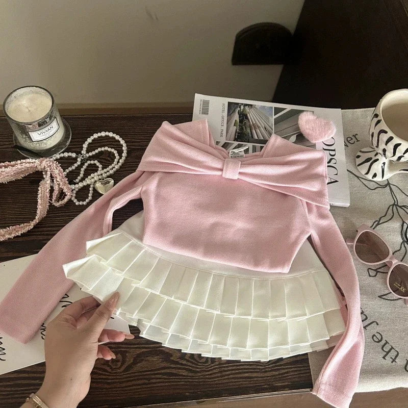 Korean Style Girls Two Piece Set with Elegant Pleated Skirt
