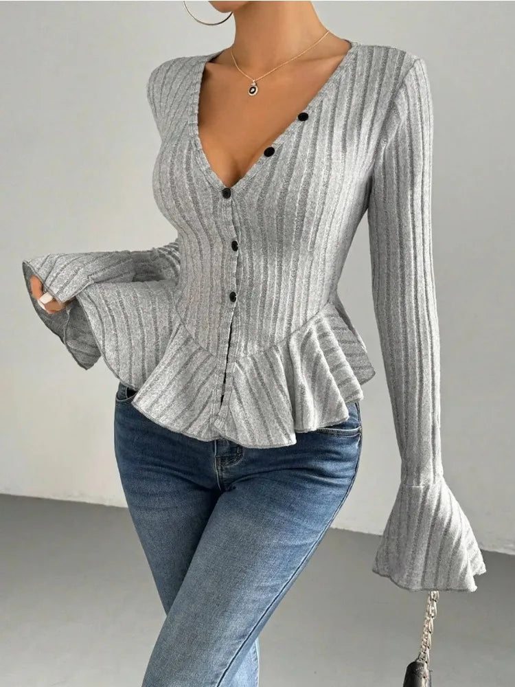 Elegant Women's Slim V Neck Long Sleeve Ruffle Tops