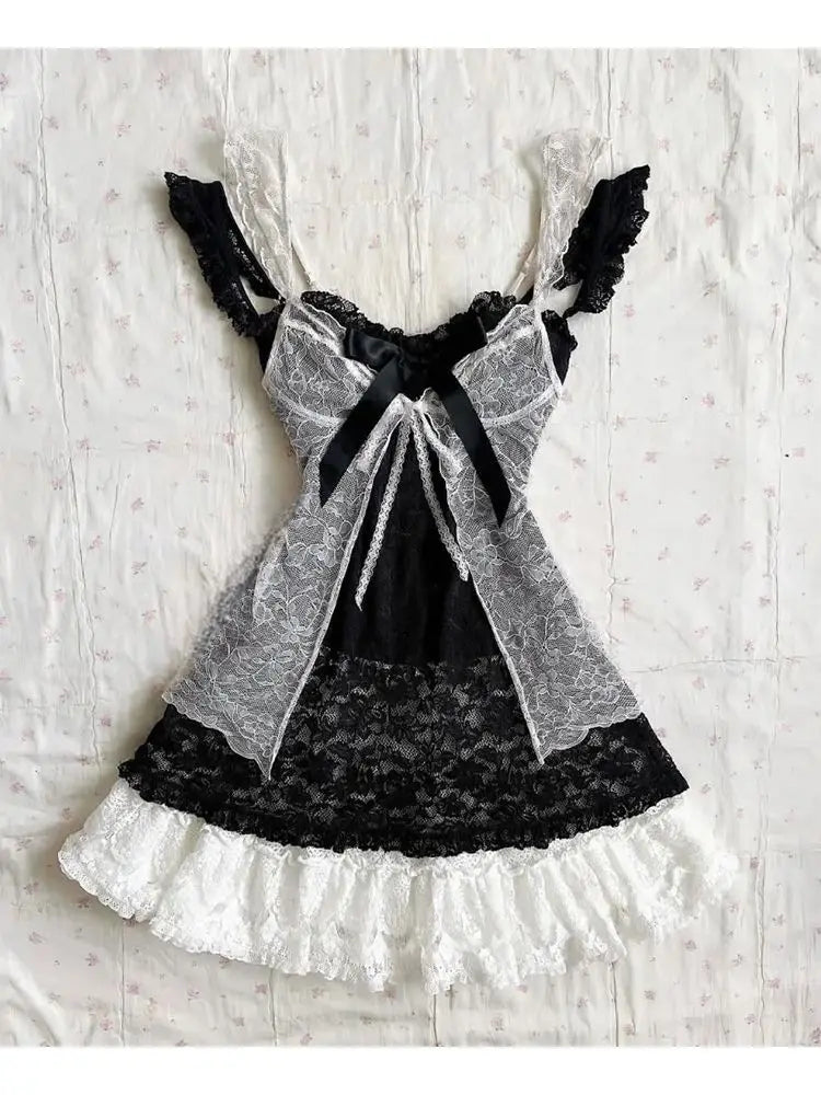 Y2K Vintage Two Piece Dress with Lace Cardigan for Juniors