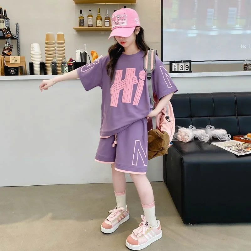 Summer Girls T-Shirt and Shorts Set in Pink and Purple