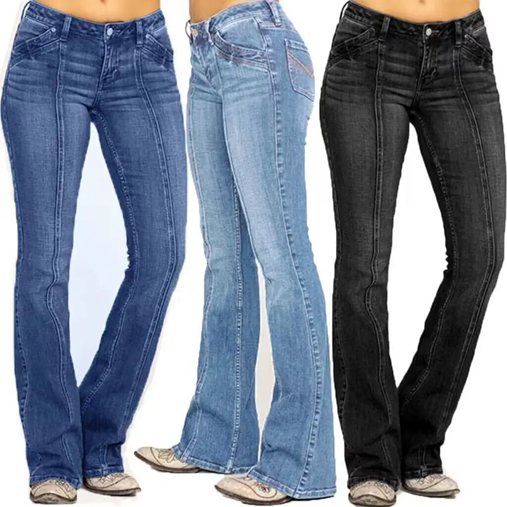 Chic Women's Low Waisted Flared Jeans in Cotton Denim